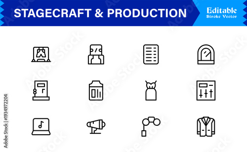 Stagecraft And Production line icon set – Professional, minimal, and modern collection of pixel-perfect illustrations for theater, events, lighting, and backstage themes