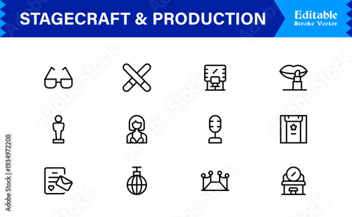 Stagecraft And Production line icon set – Professional, minimal, and modern collection of pixel-perfect illustrations for theater, events, lighting, and backstage themes