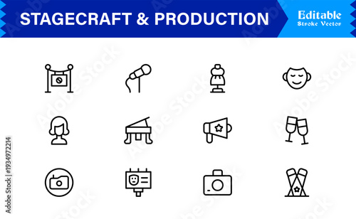 Stagecraft And Production line icon set – Professional, minimal, and modern collection of pixel-perfect illustrations for theater, events, lighting, and backstage themes