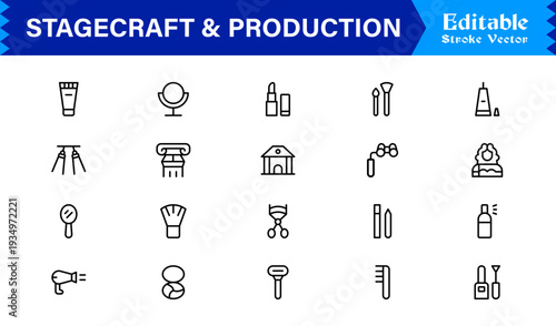 Stagecraft And Production line icon set – Professional, minimal, and modern collection of pixel-perfect illustrations for theater, events, lighting, and backstage themes