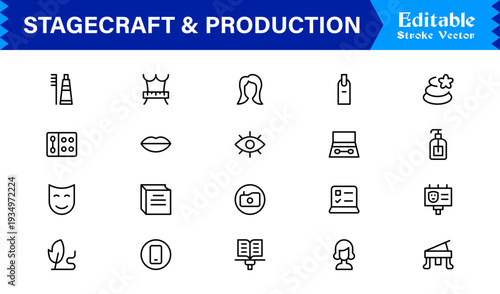 Stagecraft And Production line icon set – Professional, minimal, and modern collection of pixel-perfect illustrations for theater, events, lighting, and backstage themes