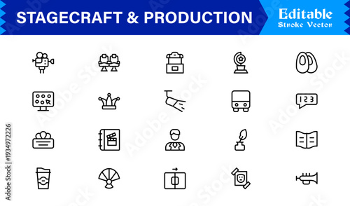 Stagecraft And Production line icon set – Professional, minimal, and modern collection of pixel-perfect illustrations for theater, events, lighting, and backstage themes