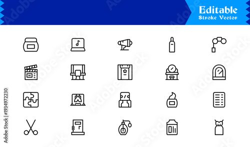 Stagecraft And Production line icon set – Professional, minimal, and modern collection of pixel-perfect illustrations for theater, events, lighting, and backstage themes