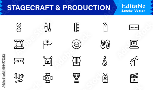 Stagecraft And Production line icon set – Professional, minimal, and modern collection of pixel-perfect illustrations for theater, events, lighting, and backstage themes