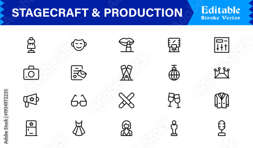 Stagecraft And Production line icon set – Professional, minimal, and modern collection of pixel-perfect illustrations for theater, events, lighting, and backstage themes