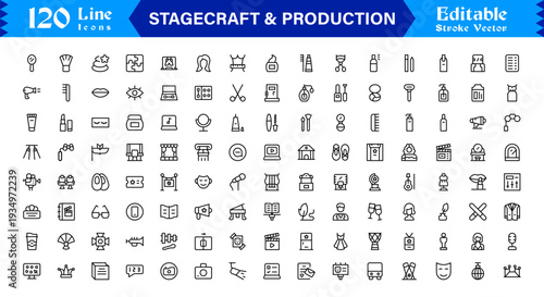 Stagecraft And Production line icon set – Professional, minimal, and modern collection of pixel-perfect illustrations for theater, events, lighting, and backstage themes