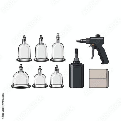 Set of glass cups and suction therapy equipment