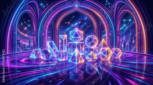 Abstract Futuristic Metaverse Space With Neon Geometric Shapes and Digital Light Reflections