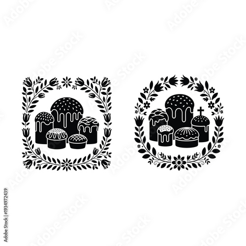 Traditional Easter cakes and festive pastries ornate decorative folk art frame. 