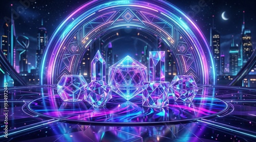 Futuristic Neon Metaverse Gateway With Glowing Geometric Structures in Cyberpunk City