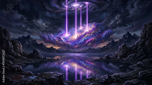 Futuristic Alien Portal Over Dark Fantasy Landscape With Cosmic Energy and Reflection