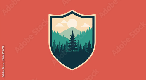 Shield Icon with Forest Landscape Design.