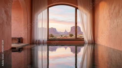 Luxury Desert Villa Interior with Arched Window and Scenic Mountain View Reflection