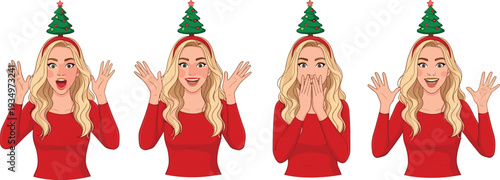 Woman wearing Christmas tree headband showing festive emotions, holiday female character set isolated on white background vector illustration