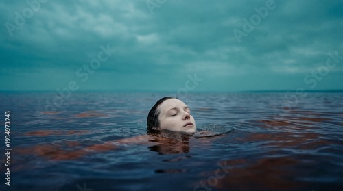 Woman Floating in Calm Ocean at Dusk, Serene Minimal Seascape with Moody Sky