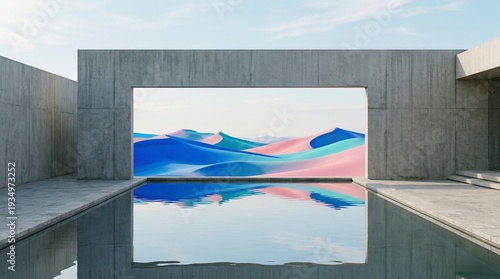 Minimalist Modern Concrete Gallery with Abstract Landscape Artwork and Reflective Pool