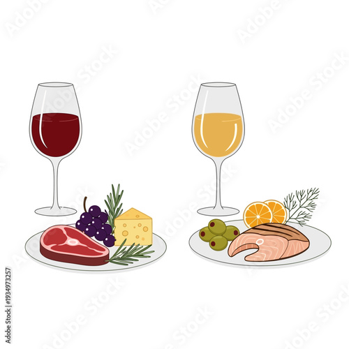 Red wine with steak and cheese, white wine with salmon and olives
