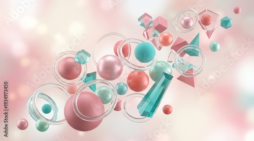 Abstract 3D Geometric Shapes in Pastel Colors, Modern Minimal Background with Floating Spheres and Cubes