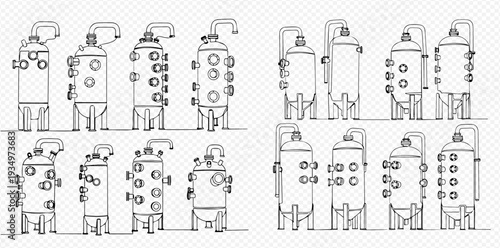 Industrial tanks and chemical reactors continuous line art drawing set for factory production.