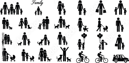 Set of Family Icons with Parents, Children, Pets, and Activities for Social and Family Designs