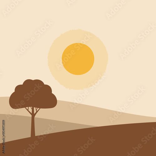 Minimalist African Savanna Landscape at Sunset with Lone Tree and Warm Hues