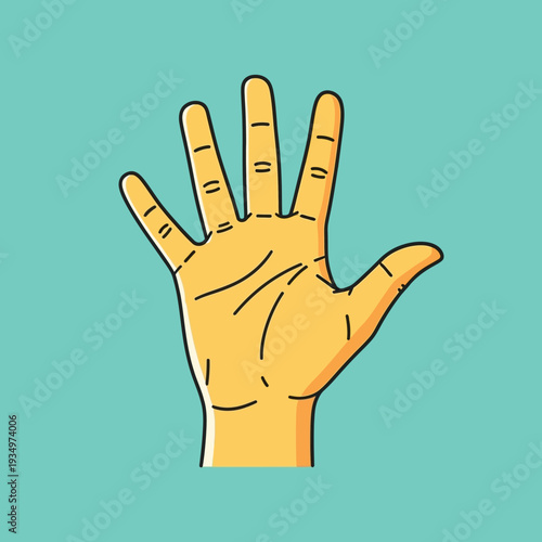 Open hand showing five fingers, palm side, yellow skin, isolated on teal background