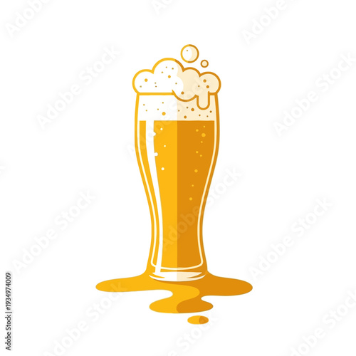 Overflowing Beer Glass with Foam and Spilled Liquid