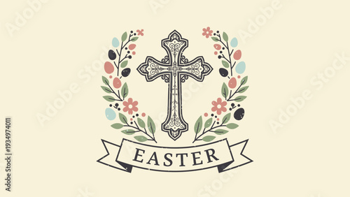 Easter Cross with Floral Decoration Illustration.