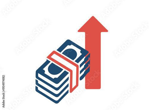 Bundles of cash with a red upward arrow signifying financial growth and increasing wealth