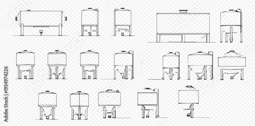 Set of various industrial storage tanks and containers, hand-drawn vector illustrations for manufacturing and processing facilities.