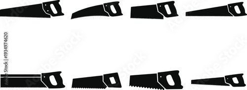 Black silhouettes of handsaws in various positions tools saw blades handles