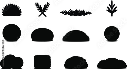 Black silhouettes of various breads and herbs on white background