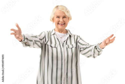 Happy senior woman in strip...