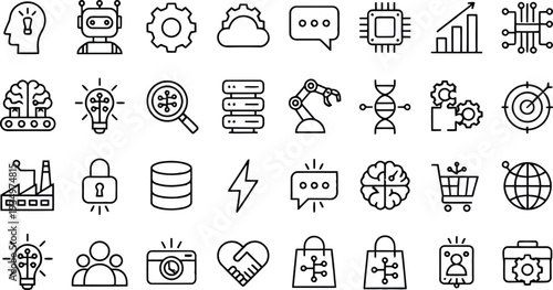 Technological Innovation: A collection of meticulously crafted, modern, and stylized icons symbolizing various facets of technology and innovation.