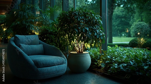 Comfortable velvet armchair sitting near planter in peaceful indoor garden