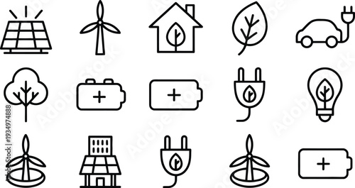 Eco-Friendly Icon Set: A comprehensive collection of line art icons symbolizing sustainable living and environmental consciousness.