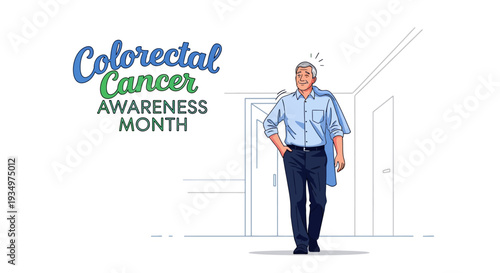 Illustration of a man standing in a hallway with a thoughtful expression for Colorectal Cancer Awareness Month campaign with educational and supportive elements.