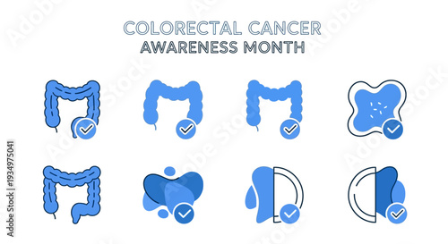 Colorectal Cancer Awareness Month design featuring blue vector illustrations on white background for public health campaign and cancer prevention.