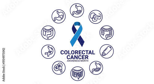 Vector illustration of a blue ribbon surrounded by health icons for Colorectal Cancer Awareness Month with a white background.