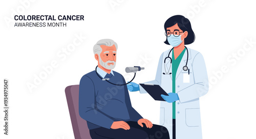 A doctor in a white coat discusses a tablet with a senior man in a blue shirt, promoting colorectal cancer awareness and screening in a clinical setting.