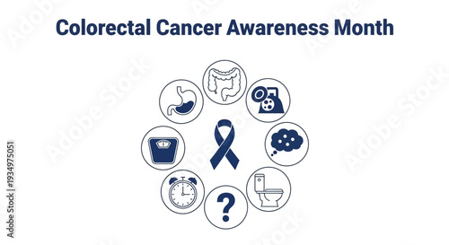 A blue ribbon and various medical icons arranged in a circle on a white background for Colorectal Cancer Awareness Month design and education materials with a serious and informative mood.