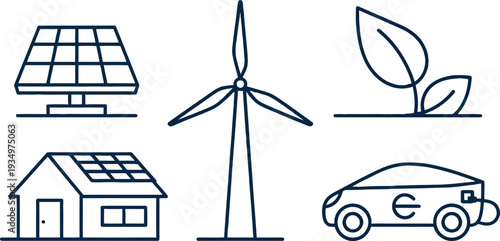 Eco-Friendly Energy: A collection of environmentally conscious icons representing various forms of sustainable energy sources, promoting a greener future and eco-friendly practices.