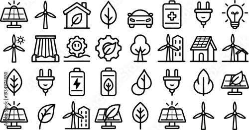 Sustainable Living Icons: A collection of meticulously crafted line icons representing eco-friendly concepts, renewable energy sources, and sustainable living practices.