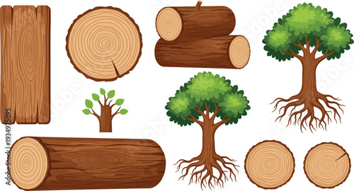 Set of Tree, Log, and Wood Illustrations with Rings for Nature and Forestry Designs