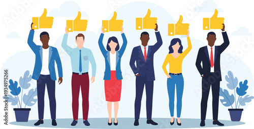 Group of People Holding 'Like' Thumbs Up Icons for Social Media and Marketing Designs