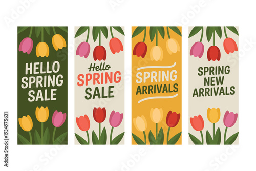 Spring sale banners with colorful tulips and promotional text