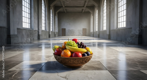 A variety of colorful tropical and temperate fruits placed in a decorative brown bowl centered in a grand classic hall with large windows