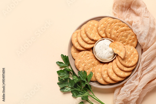 Plate with tasty crackers, ...