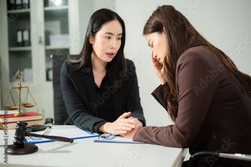 Compassionate lawyer providing legal consultation and emotional support to client, concept of dispute resolution, corporate law, contract advice