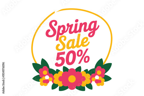 A colorful spring sale illustration with 50 percent discount offer